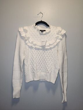 NWT Forever 21 White Long Sleeve Ruffle Knit Sweater | Small